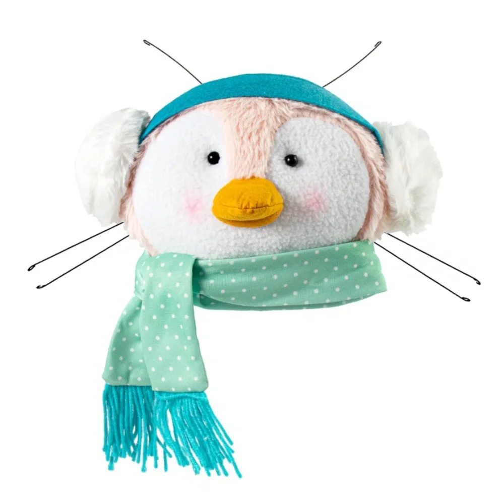 11” Pastel Pink Plush Penguin Head Pre-Wired Craft Decor Mint Scarf Earmuffs